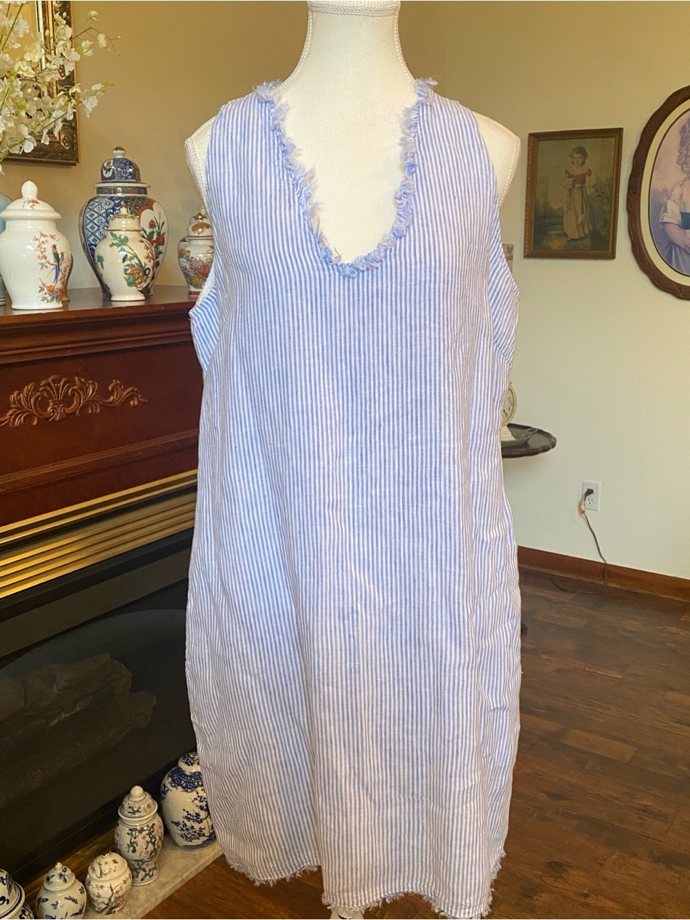 HIHO • Blue White Linen Striped Shift Dress Frayed Trim Resort Coastal • Size L